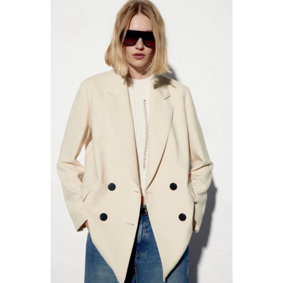 Zara Womens Oversized Double Breasted Blazer Size Large Ecru Academia Preppy - Picture 14 of 16